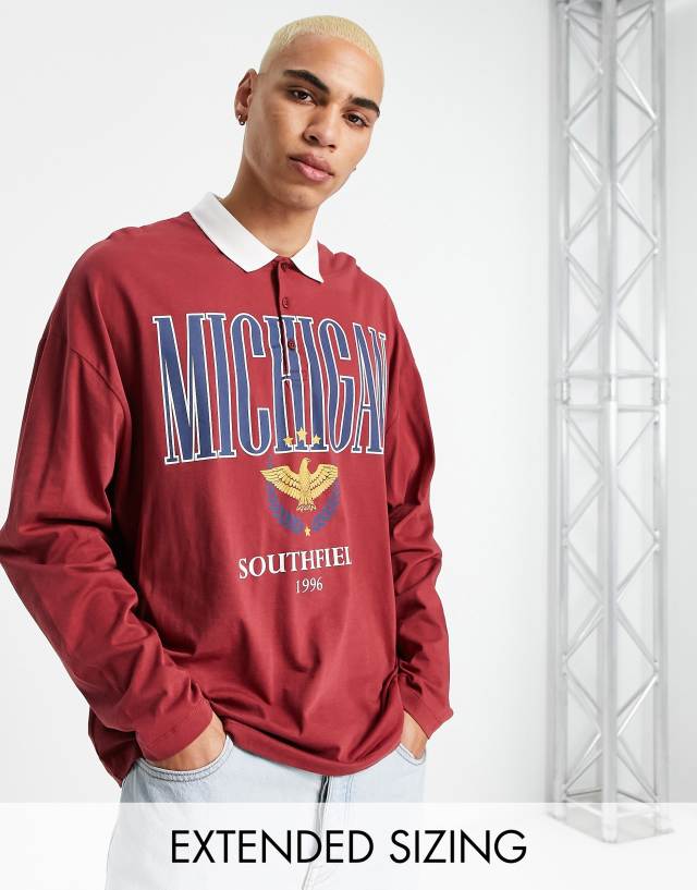 ASOS DESIGN oversized long sleeve polo t-shirt in burgundy with Michigan print