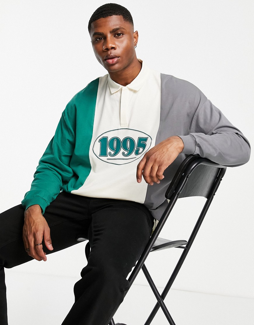 ASOS DESIGN oversized long sleeve polo T-shirt in color block with collegiate print-Multi