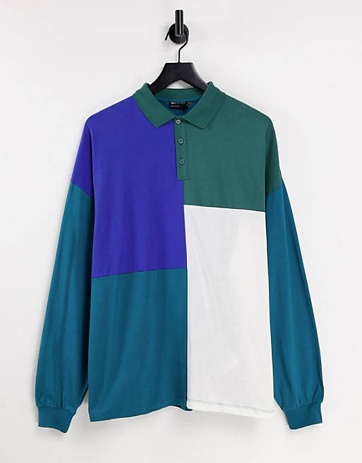 Men oversized long sleeve polo t-shirt in colour block 