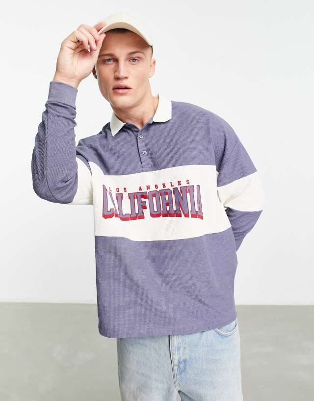 ASOS DESIGN oversized long sleeve polo T-shirt in gray waffle with California print