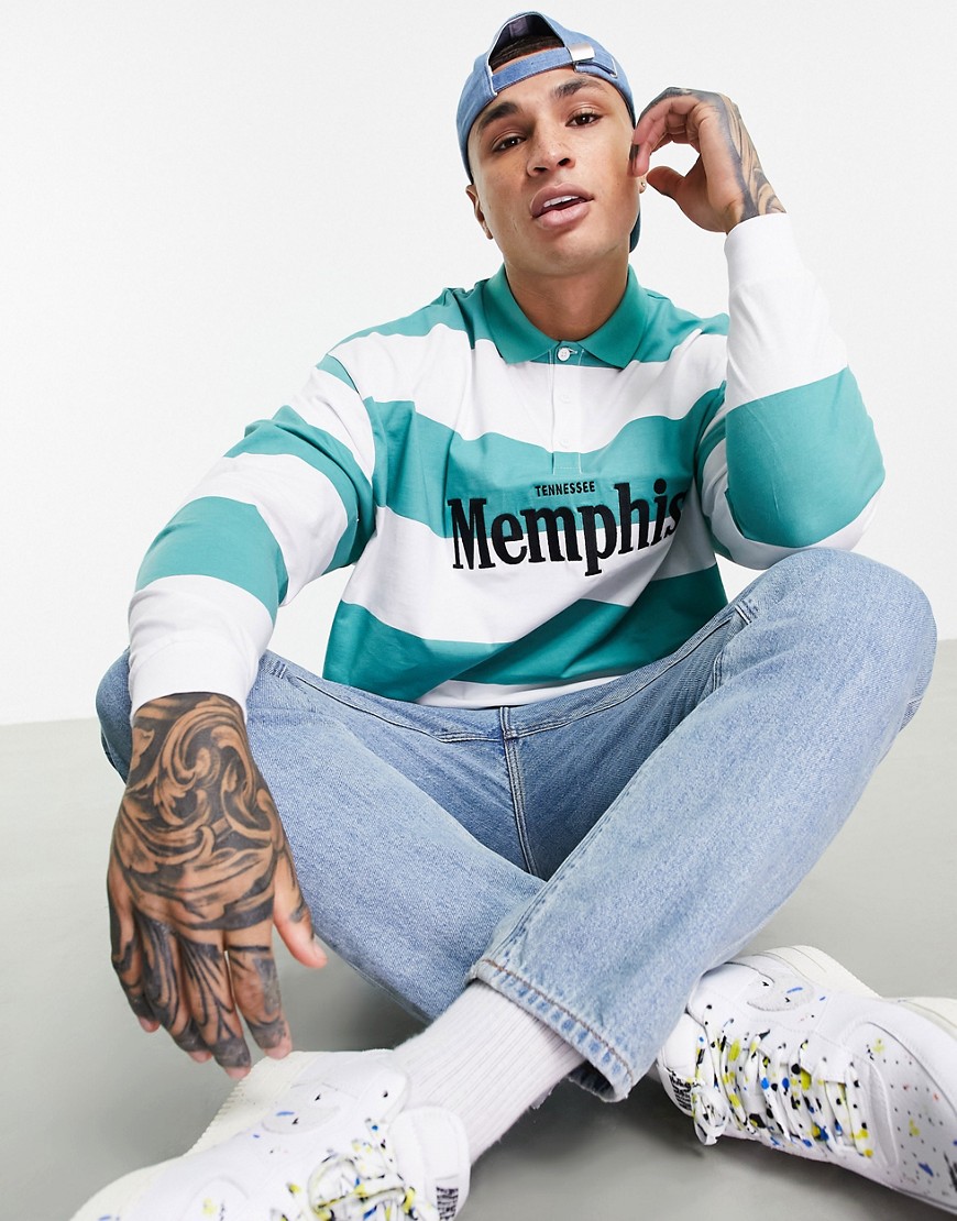ASOS DESIGN oversized long sleeve polo T-shirt in green stripe with Memphis city print-Multi