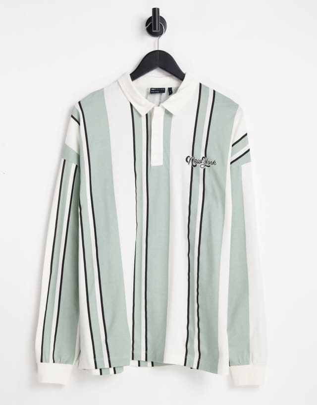 ASOS DESIGN oversized long sleeve polo t-shirt in green stripe with New York print