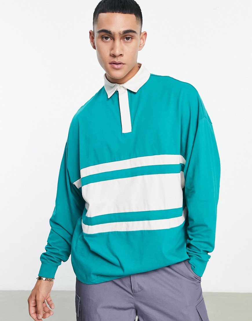 ASOS DESIGN oversized long sleeve polo t-shirt in green with white panels-Neutral