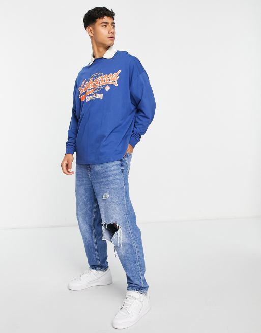 ASOS DESIGN oversized long sleeve polo t-shirt in navy with Lakewood print , 4 of 4