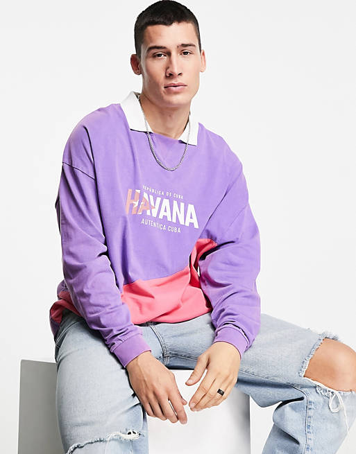 Men oversized long sleeve polo t-shirt in purple colour block with city print 