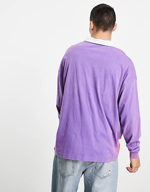 Men oversized long sleeve polo t-shirt in purple colour block with city print 