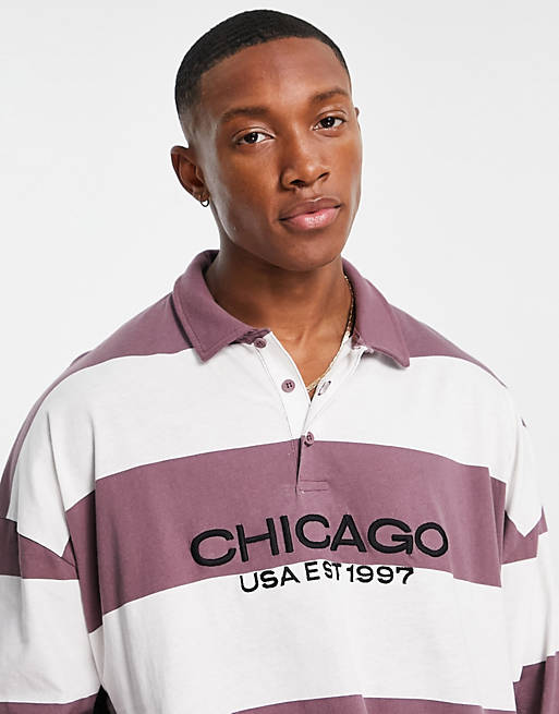 ASOS DESIGN oversized long sleeve polo t-shirt in purple stripe with  Chicago print | ASOS