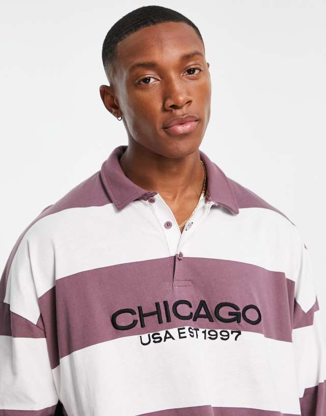 ASOS DESIGN oversized long sleeve polo t-shirt in purple stripe with Chicago print