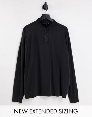 ASOS DESIGN oversized long sleeve polo t-shirt in washed black
