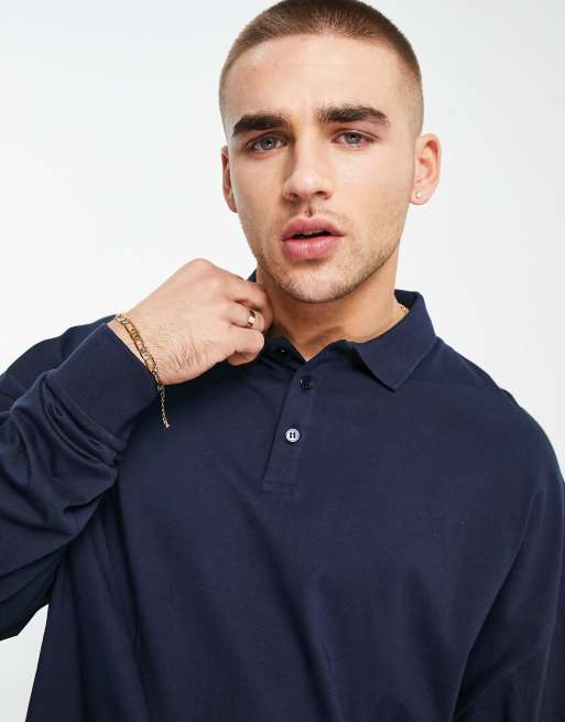 ASOS DESIGN oversized long sleeve polo with balloon sleeve in navy