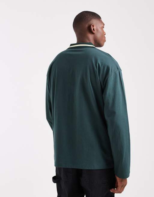 ASOS DESIGN oversized long sleeve polo with paraiso graphic in dark green , 3 of 5