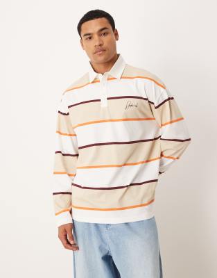 Asos Design Oversized Long Sleeve Polo With Text Graphic In Neutral