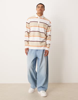 Asos Design Oversized Long Sleeve Polo With Text Graphic In Neutral