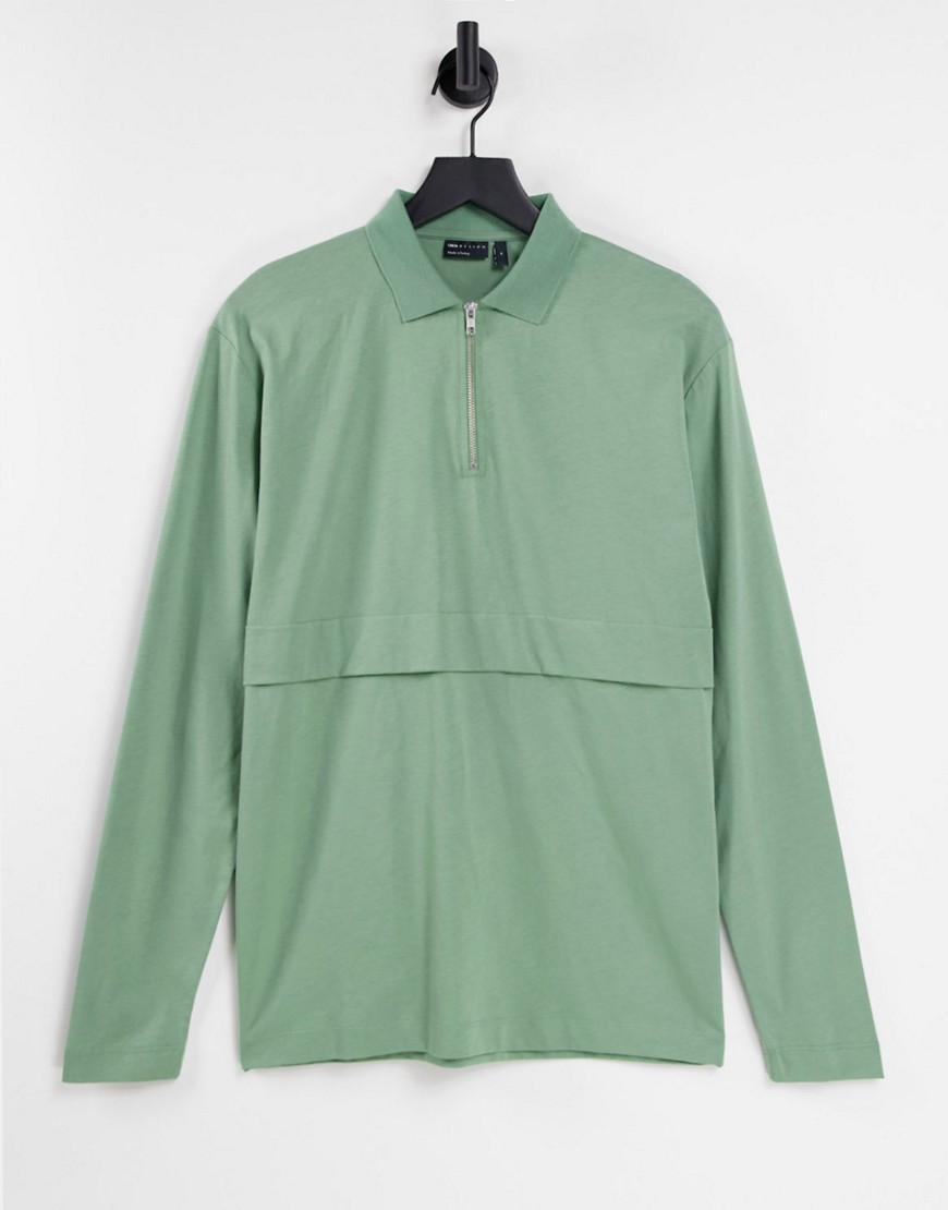 ASOS DESIGN oversized long sleeve polo with zip detail in green