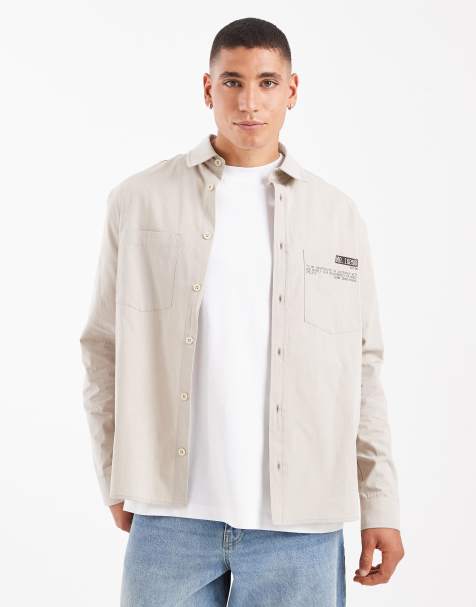  ASOS DESIGN oversized long sleeve poplin shirt with utility print in white - view 1