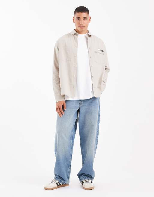  ASOS DESIGN oversized long sleeve poplin shirt with utility print in white, 2 of 5