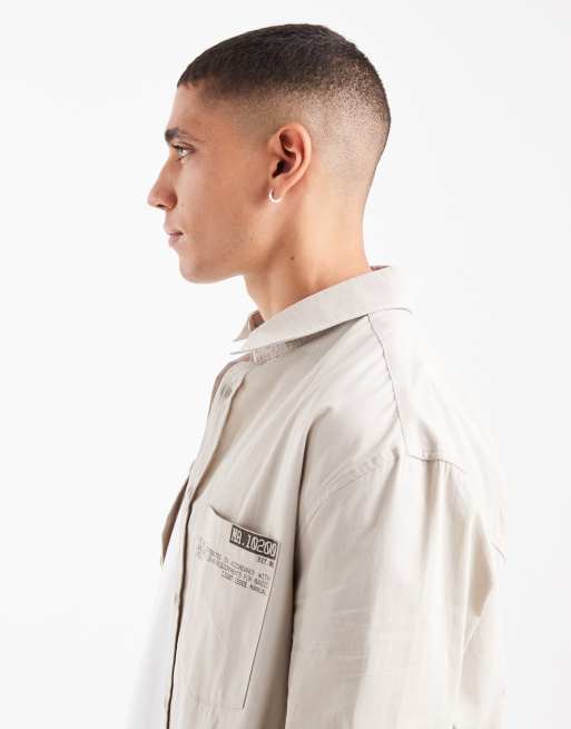  ASOS DESIGN oversized long sleeve poplin shirt with utility print in white, 4 of 5