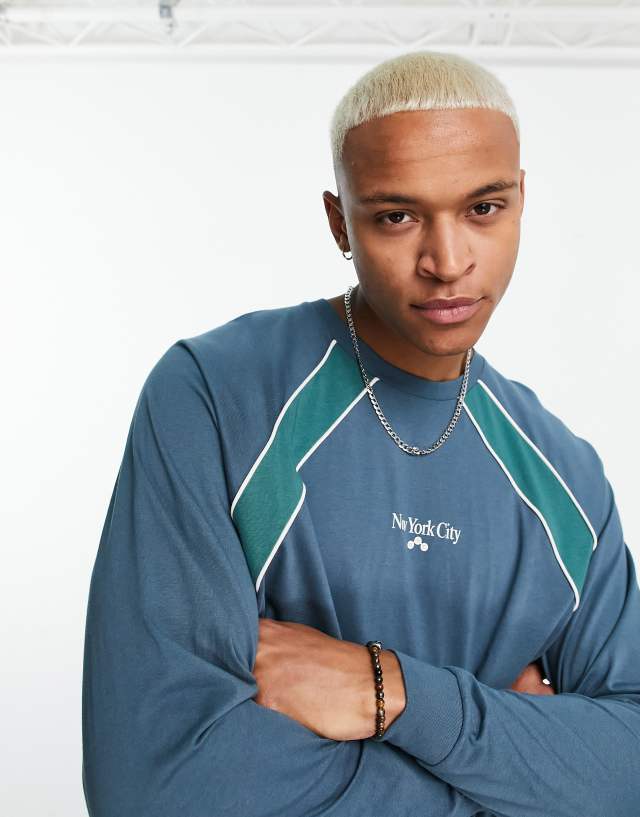 ASOS DESIGN oversized long sleeve raglan T-shirt in gray color block with New York city print