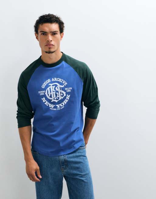 ASOS DESIGN oversized long sleeve raglan t-shirt with sports print in blue, 3 of 5