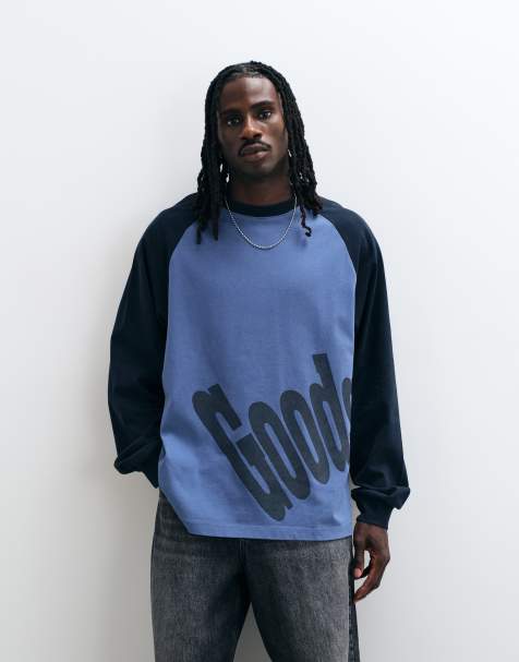 ASOS DESIGN oversized long sleeve raglan t-shirt with text print in blue - view 1