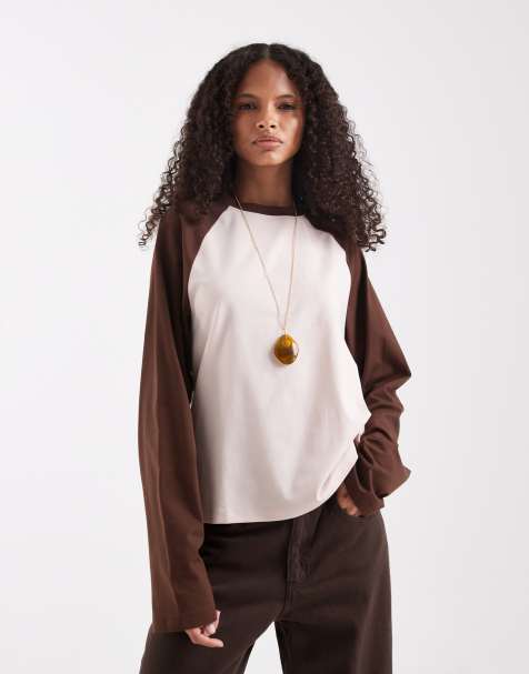 ASOS DESIGN oversized long sleeve raglan top in brown and pink - view 1
