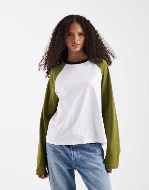 ASOS DESIGN oversized long sleeve raglan top in green and white - view 1