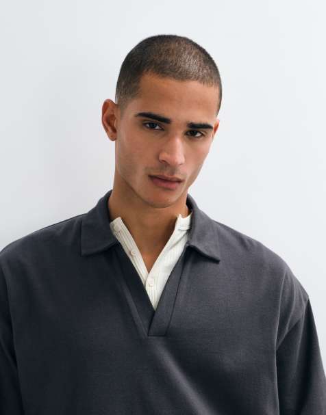 ASOS DESIGN oversized long sleeve revere polo in charcoal