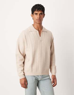 Asos Design Oversized Long Sleeve Rib Knit Notch Neck Polo In Neutral