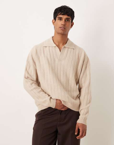 ASOS DESIGN oversized long sleeve knitted rib notch neck polo in stone - view 1