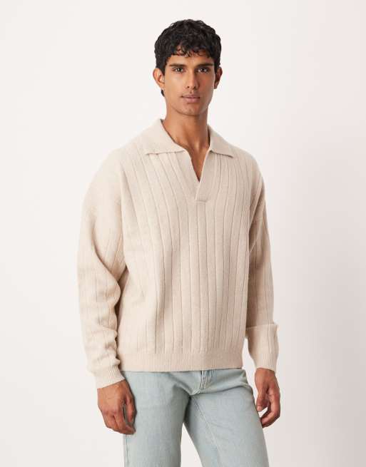  ASOS DESIGN oversized long sleeve rib knitted notch neck polo in stone 