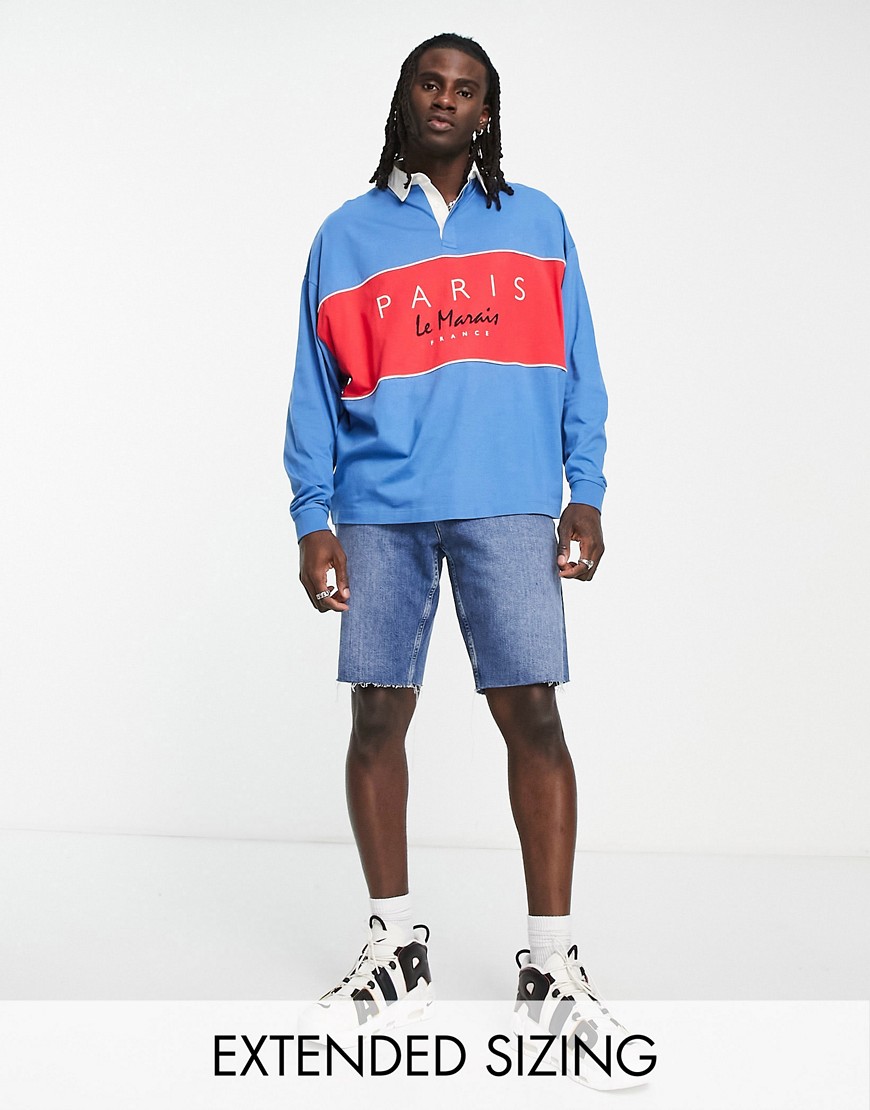 ASOS DESIGN oversized long sleeve rugby polo in blue & red color block with France print