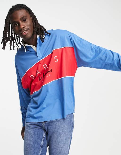 ASOS DESIGN oversized long sleeve rugby polo in blue red colour