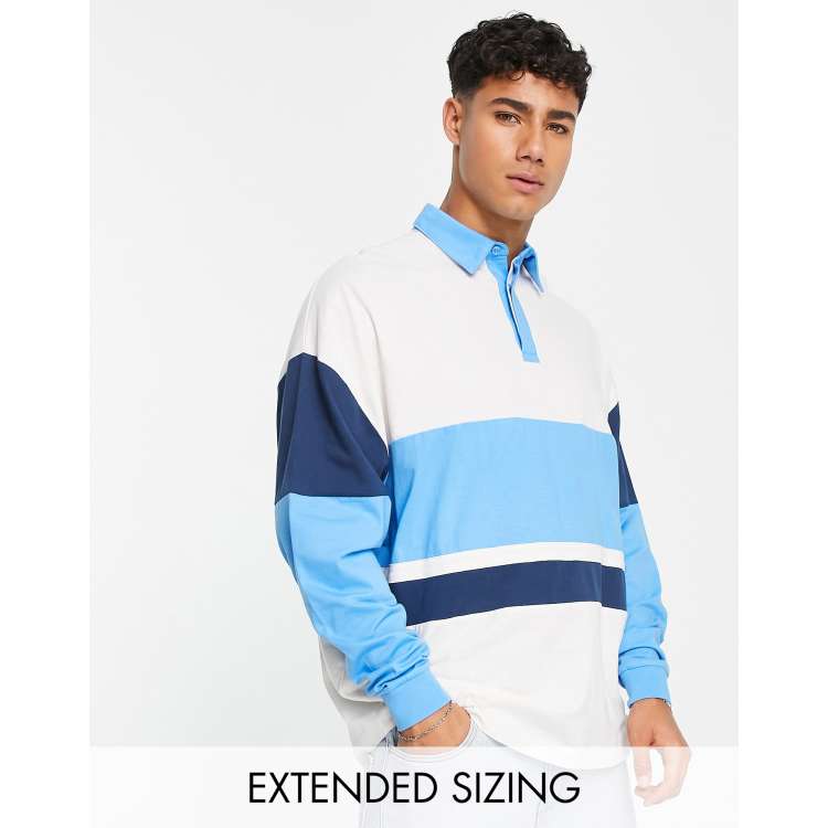 ASOS DESIGN oversized long sleeve rugby polo t shirt in blue color block