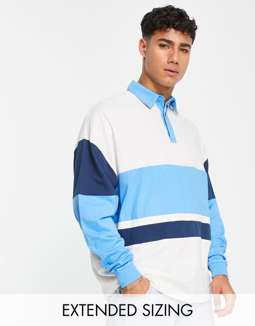 ASOS DESIGN oversized long sleeve rugby polo t-shirt in blue color block