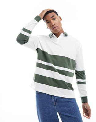 ASOS DESIGN oversized long sleeve rugby polo with white and green cut & sew