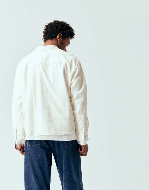 ASOS DESIGN oversized long sleeve seersucker shirt in off-white, 2 of 5