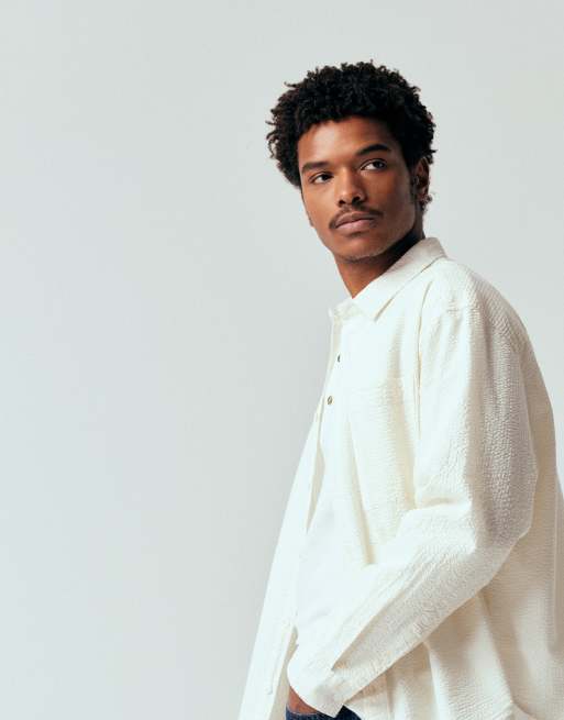 ASOS DESIGN oversized long sleeve seersucker shirt in off-white, 4 of 5