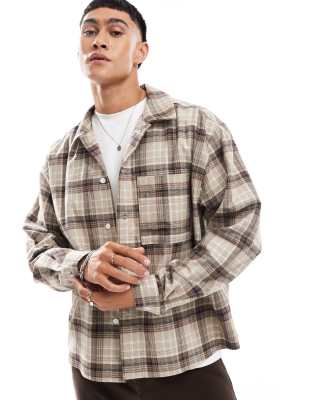 Asos Design Oversized Long Sleeve Shirt In Beige Plaid-multi