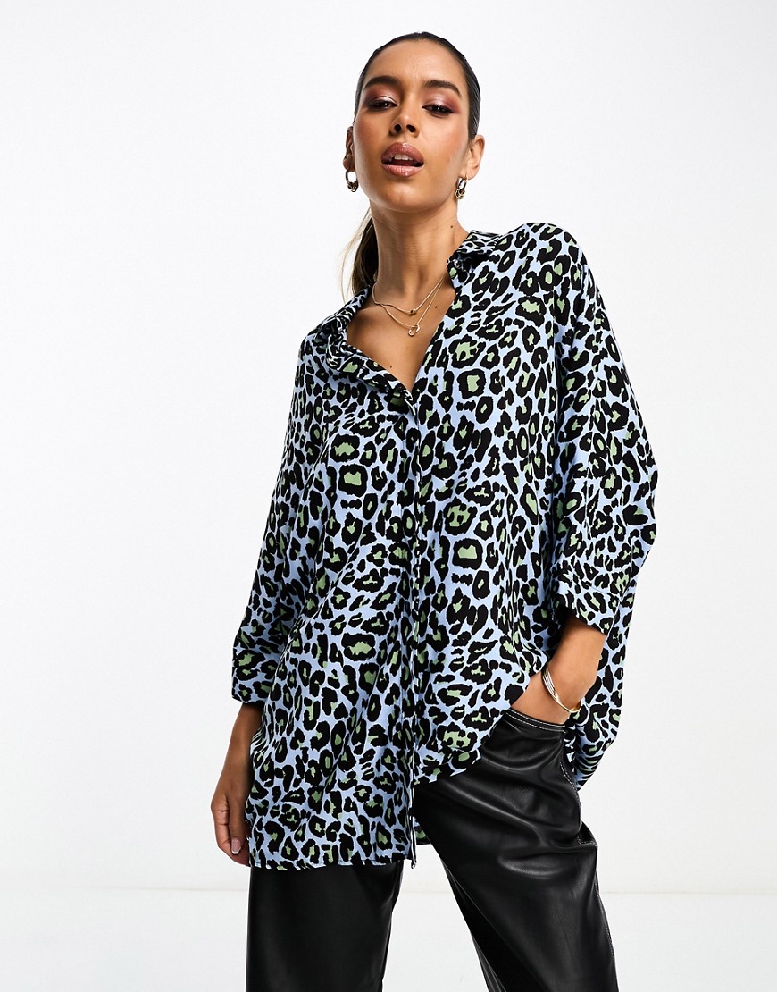ASOS DESIGN oversized long sleeve shirt in blue leopard print-Multi