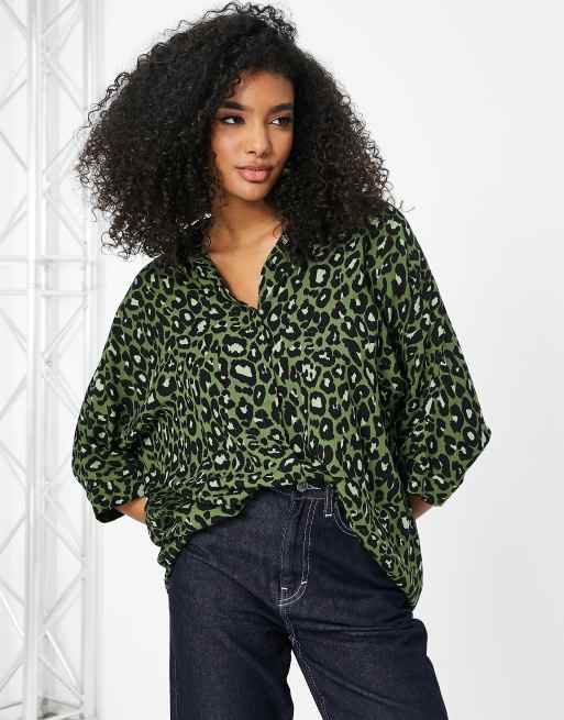 ASOS DESIGN oversized long sleeve shirt in green leopard print