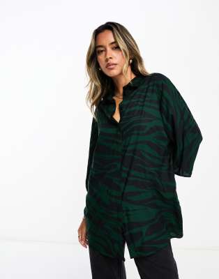 Asos Design Oversized Long Sleeve Shirt In Green Zebra Print-multi