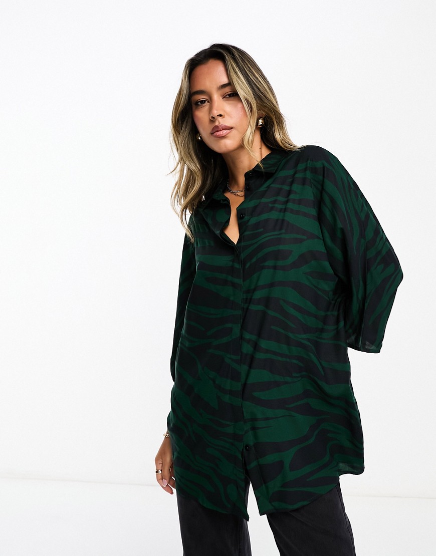 ASOS DESIGN oversized long sleeve shirt in green zebra print-Multi