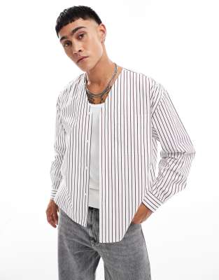 Asos Design Oversized Long Sleeve Shirt With Baseball Neck In Stripe-multi