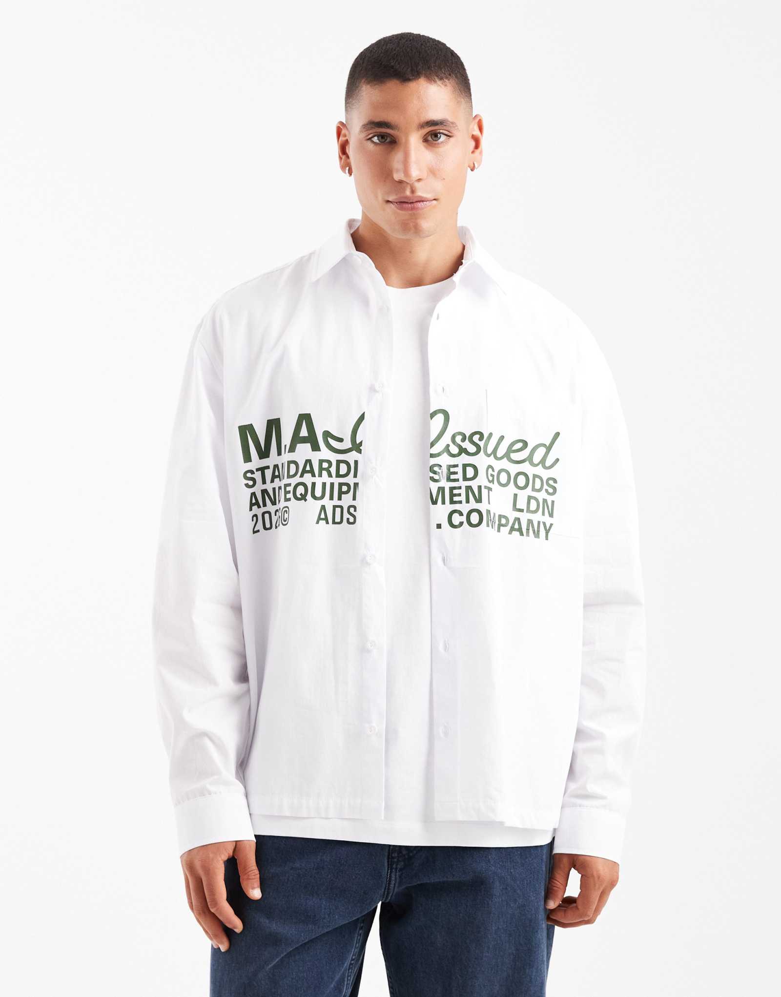 ДИЗАЙНЕРСКАЯ рубашка оверсайз ASOS с длинным рукавом и практичным принтом белого цвета