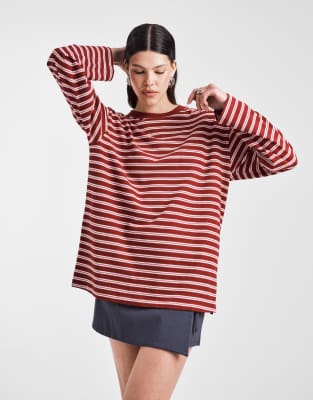 ASOS DESIGN oversized long sleeve skater t-shirt in burgandy stripe | ASOS