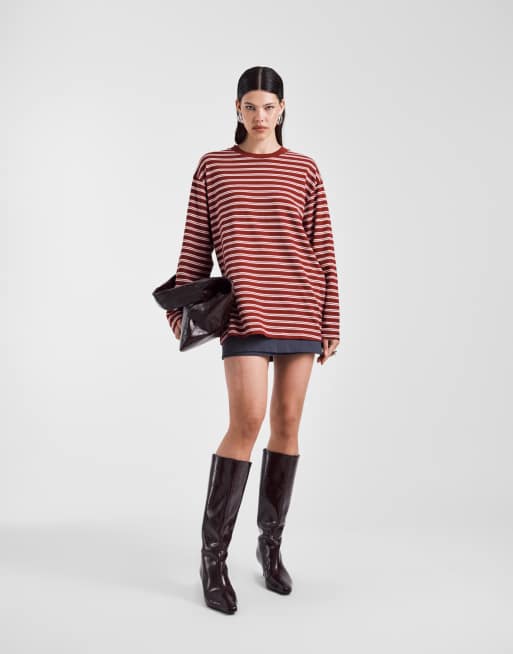 ASOS DESIGN oversized long sleeve skater t-shirt in burgundy stripe