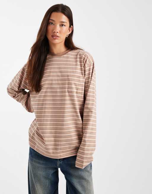 ASOS DESIGN oversized long sleeve skater tee in neutral stripe, 2 of 3