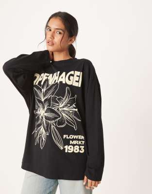 Asos Design Oversized Long Sleeve Skater Tee With Copenhagen Graphic In Black