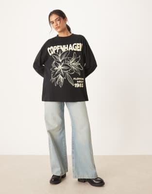 Asos Design Oversized Long Sleeve Skater Tee With Copenhagen Graphic In Black