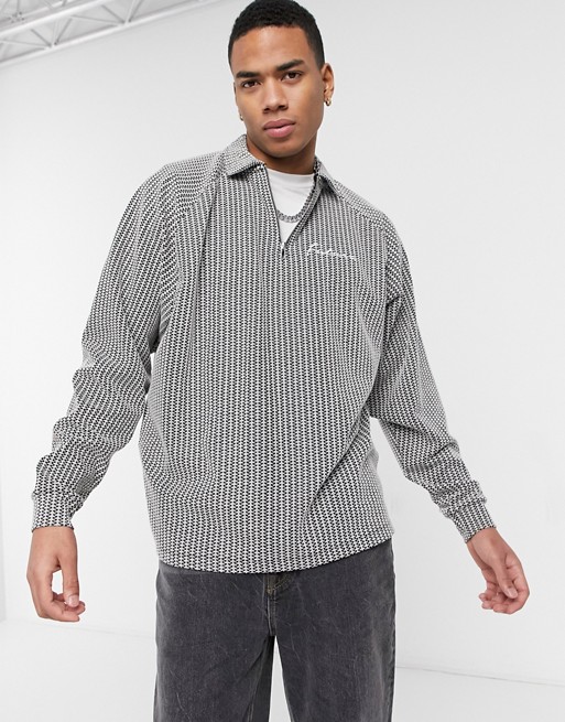 ASOS DESIGN oversized long sleeve textured polo t-shirt in grey with chest embroidery